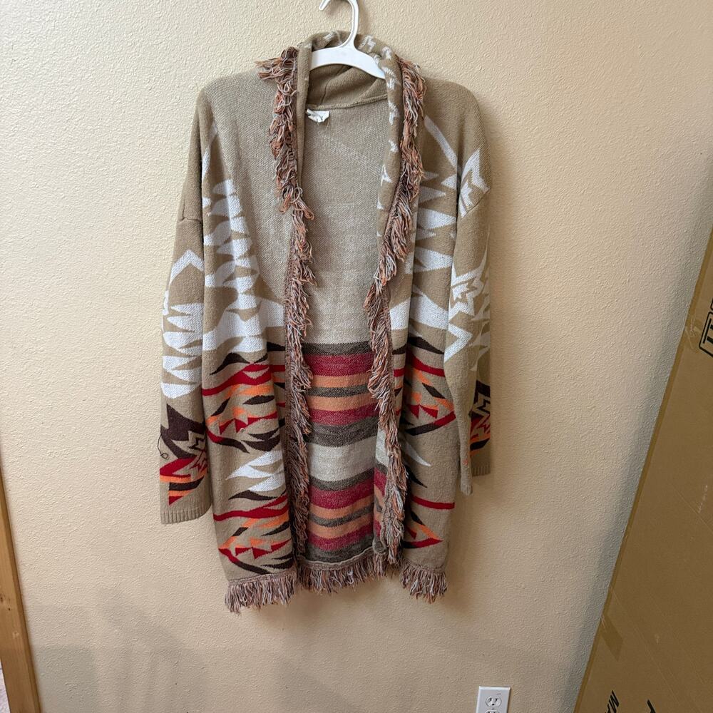 BiBi Southwestern Aztec Fringe Open Front Long Cardigan XL Festival Rodeo